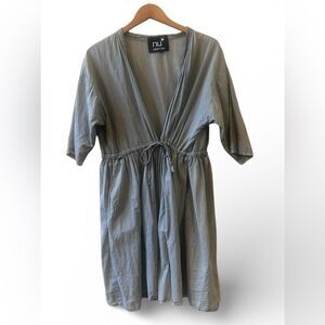 Nu New York 100% Cotton Adjustable Waist Front Tie Dress One Size Gray Pockets